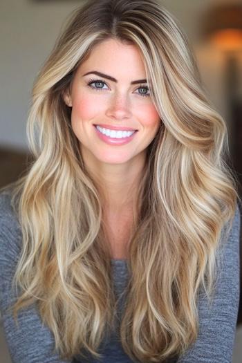 Long Multidimensional Champagne Blonde Waves Hairstyle on a smiling woman with long blonde hair.