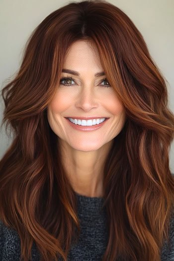 Long Rich Auburn Waves Hairstyle on a smiling woman with auburn brown hair.