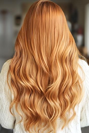 Long Strawberry Blonde Waves Hairstyle on a smiling woman with long, wavy, strawberry blonde hair.