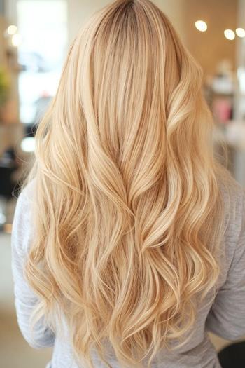 Long Warm Light Blonde Waves Hairstyle on a woman with long blonde hair, from back, in hair salon.