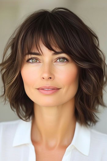 Long Wavy Bob with Bangs and Soft Layers Hairstyle on a woman with dark brown layered hair.