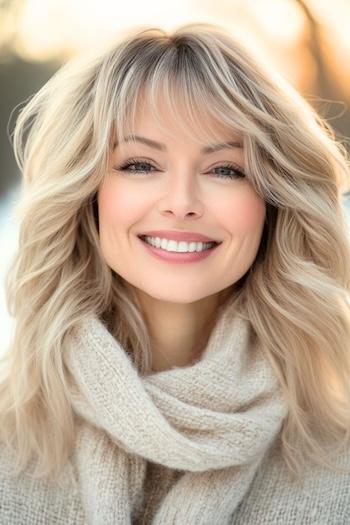 Pearl Blonde Soft Layers Hairstyle on a smiling woman with blonde hair in the winter outdoors.