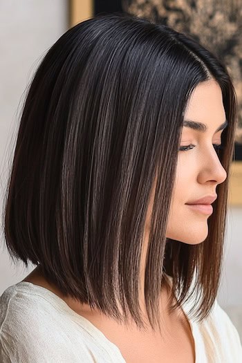 Piecey Blunt Long Bob Hairstyle on a woman with straight brown hair, side view.