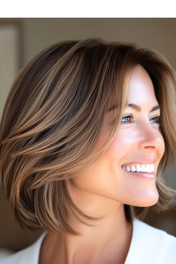 Piecey Feathered Bob Hairstyle on a smiling woman with brown hair, side view.