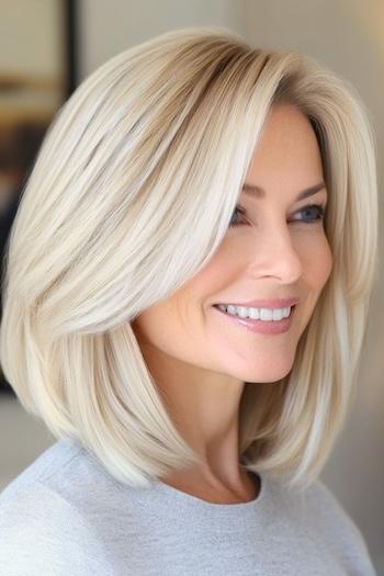 Platinum Blonde Angled Long Bob Hairstyle on a smiling woman with blonde hair, side view.