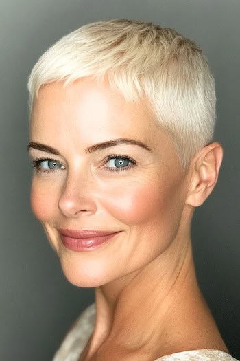 Platinum Pixie Haircut on a smiling woman with short blonde hair.