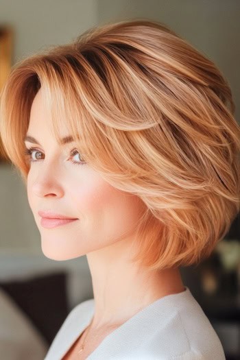 Rose Gold Feathered Bob with Volume Hairstyle on a woman with rose gold blonde hair, side view.