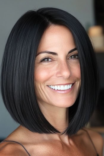 Rounded Long Bob Hairstyle on a smiling woman with very dark brown hair.