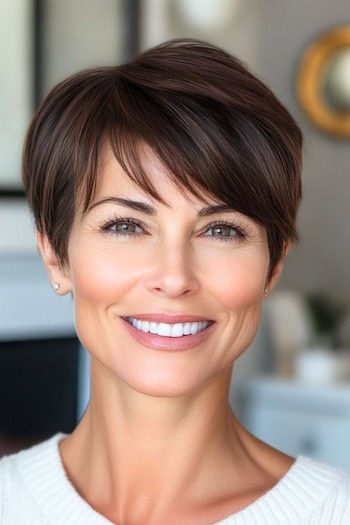 Rounded Pixie for Thin Hair Haircut on a smiling woman with short brown hair.