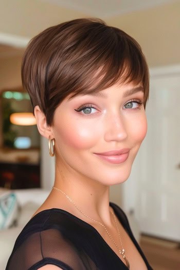 Rounded Side-Parted Pixie Haircut on a smiling woman with short brown hair.