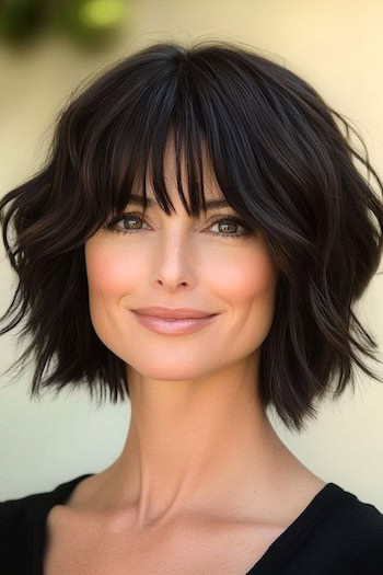 Shaggy Layered Bob with Bangs Hairstyle on a smiling woman with dark brown hair.