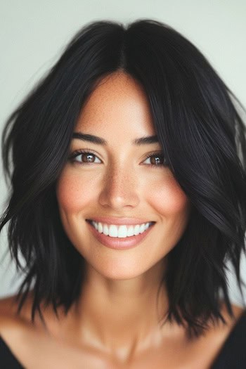 Shaggy Long Bob Hairstyle on a smiling woman with dark brown hair.