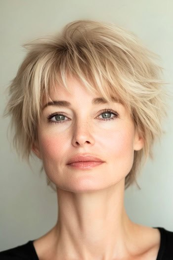 Shaggy Pixie for Thin Hair Haircut on a woman with short blonde hair.