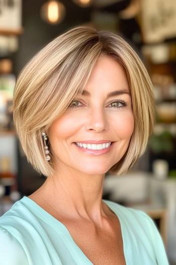 Short Face-Framing Layered Bob Hairstyle on a smiling woman with medium blonde highlighted hair.