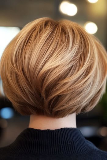 Short Feathered Bob Hairstyle on a woman with short highlighted brown hair, back view.