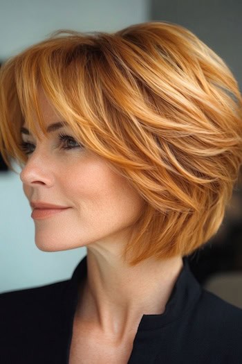 Short Feathered Bob with Bangs Hairstyle on a woman with golden strawberry hair, side view.