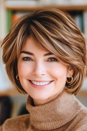 Short Feathered Layered Bob with Highlights Hairstyle on a smiling woman with dark brown hair and light brown and blonde highlights.