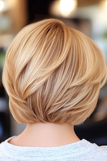 Short Layered Feathered Bob Hairstyle on a woman with honey blonde hair, from back.