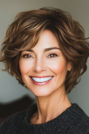 Short Sandy Brown Layers on a smiling woman with short brown hair.