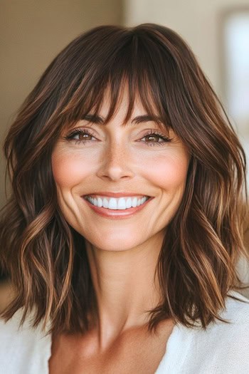 Shoulder-Length Bob with Bangs Hairstyle on a smiling woman with piecey brown hair.