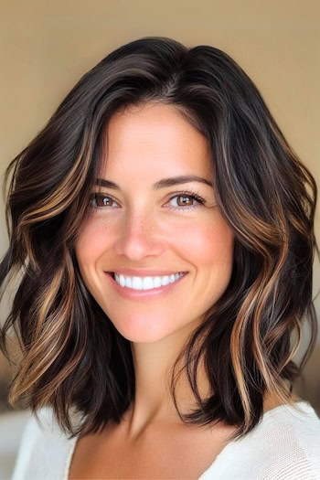 Shoulder-Length Bob with Face Framing Highlights Hairstyle on a smiling woman with brown hair and face-framing highlights.