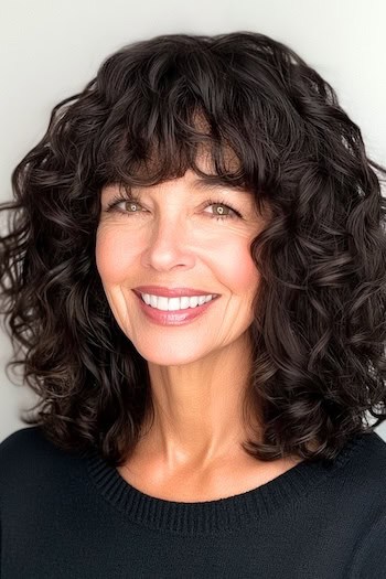 Shoulder-Length Curly Lob with Bangs Hairstyle on a smiling older woman with brown hair.