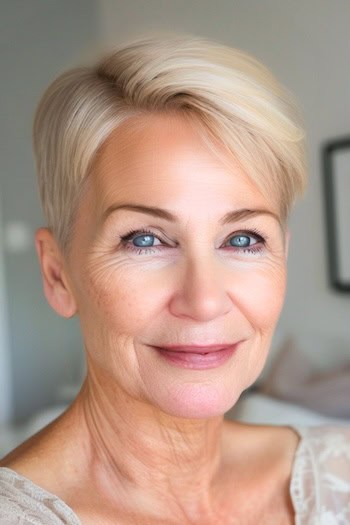 Side-Parted Blonde Pixie Haircut on a smiling woman with short blonde hair.