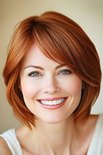 Side-Swept Copper Layered Bob Hairstyle on a smiling woman with layered copper hair.