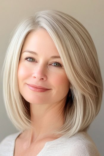 Side-Swept Layered Long Bob Hairstyle on a smiling woman with voluminous blonde hair.