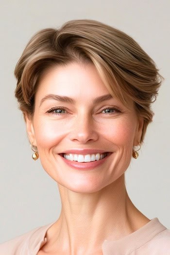 Side-Swept Thin Fine Pixie Haircut on a smiling woman with short brown hair.