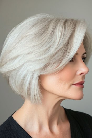 Silver Feathered Layered Bob Hairstyle on a woman with gray hair side view.