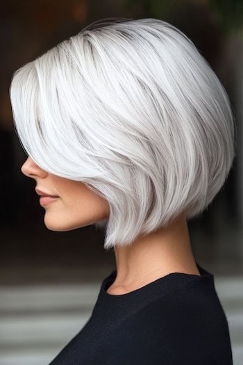 Silver Layered Bob Hairstyle on a woman with cool-toned silver hair, side view.