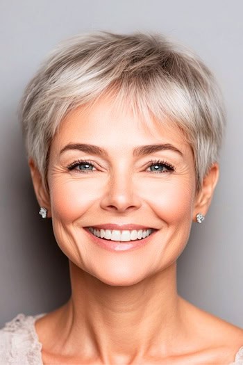 Silver Pixie with Bangs and Tapered Sides Haircut on a smiling woman with short gray hair.