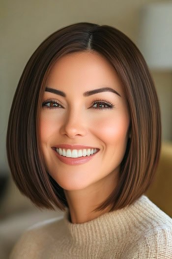 Sleek Espresso Bob with Subtle Highlights Hairstyle on a smiling woman with brown hair.