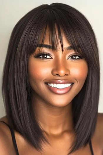 Sleek Lob With Piecey Bangs Hairstyle on a smiling black woman with dark brown hair.