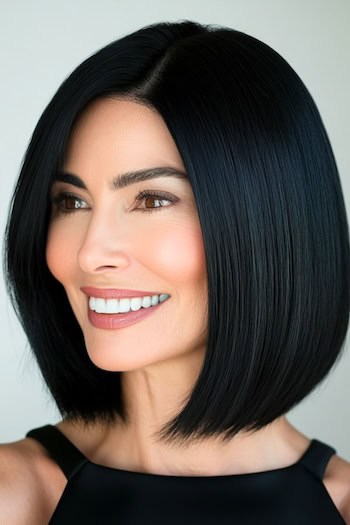 Sleek Rounded Lob Hairstyle on a smiling woman with black hair.