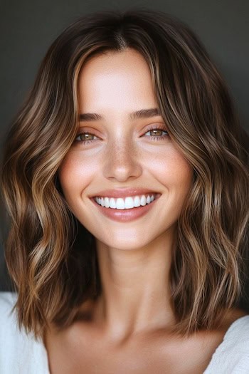 Sleek Shoulder-Length Brown Waves with Caramel Highlights Hairstyle on a smiling woman with brown hair and caramel highlights.