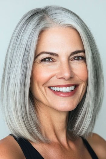 Sleek Silver Long Bob Hairstyle on a smiling woman with gray hair.