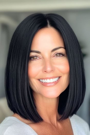 Sleek Straight Long Bob Hairstyle on a smiling woman with dark brown-black hair.