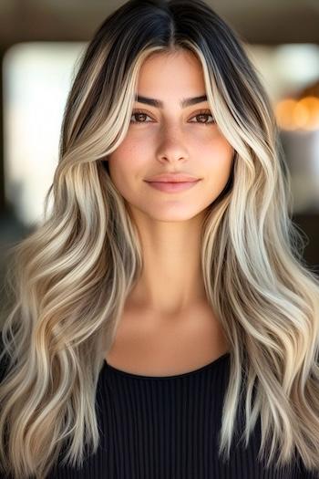 Soft Cream Blonde Waves with Dark Roots Hairstyle on a smiling woman with blonde hair.