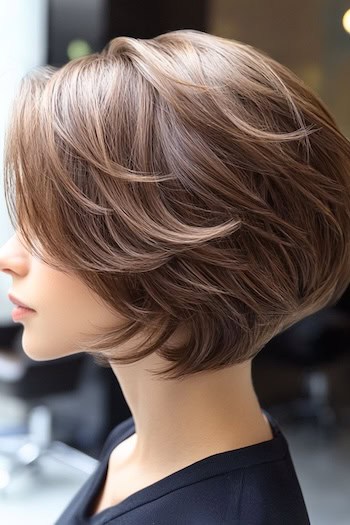 Stacked Layered Bob Hairstyle on a woman with brown hair, side view.