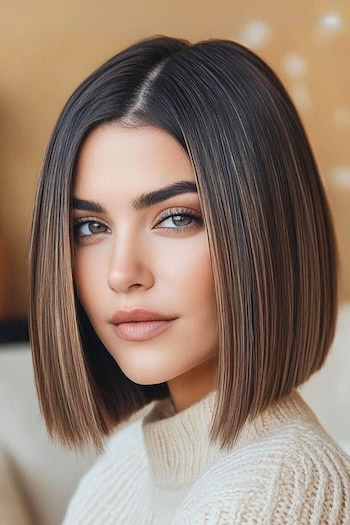 Straight Blunt Long Bob Hairstyle on a beautiful woman with brown hair.