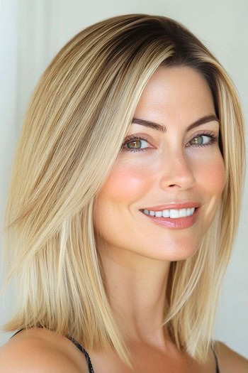 Straight Lob With Subtle Layers Hairstyle on a smiling woman with blonde hair.