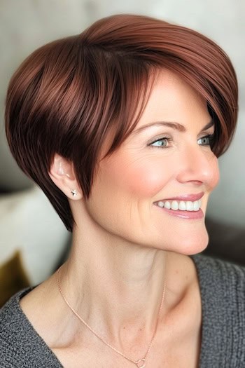 Straight Pixie with Soft-Swept Fringe Haircut on a smiling woman with short brown hair.