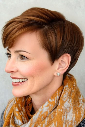 Straight Rounded Pixie Haircut on a smiling woman with short brown hair, side view.