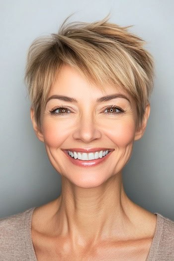 Straight Tapered Pixie Haircut on a smiling woman with short blonde-brown hair.