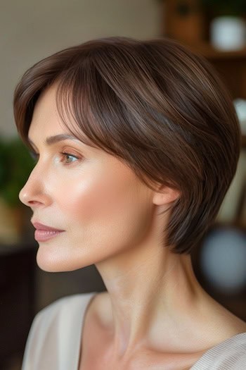 Tapered Brunette Pixie Haircut on a woman with short brown hair, side view.