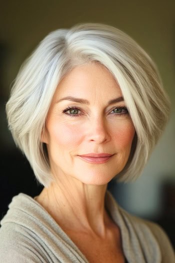 Tapered Layered Bob Hairstyle on an older woman with gray hair.