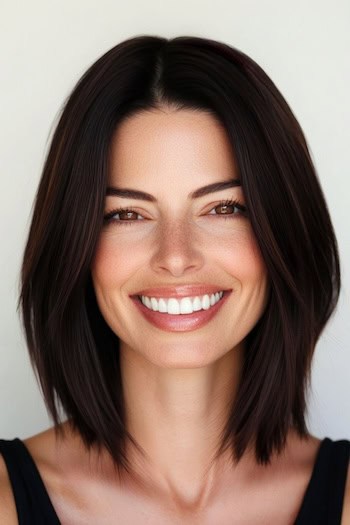 Tapered Long Bob Hairstyle on a smiling woman with deep brown hair.