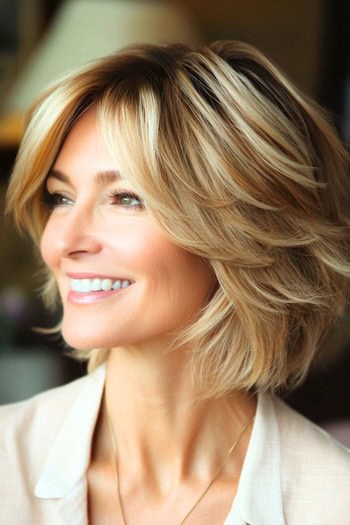 Textured Feathered Bob Hairstyle on a smiling woman with blondish brown hair, side view.